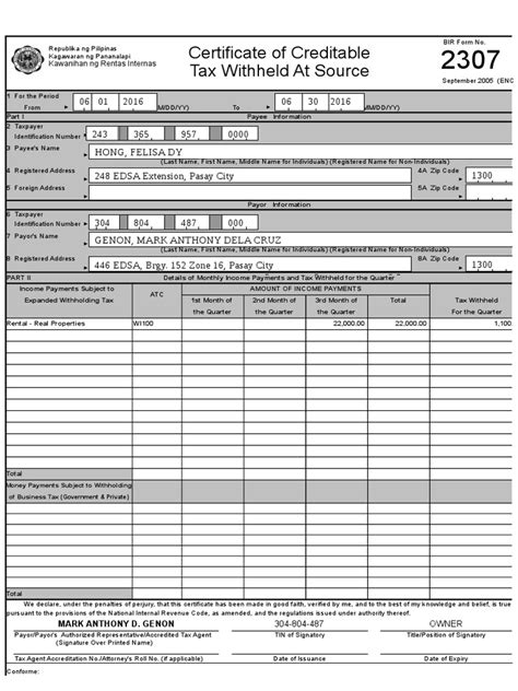 Certificate of Creditable Tax 2307 Kawanihan ng Rentas Internas .